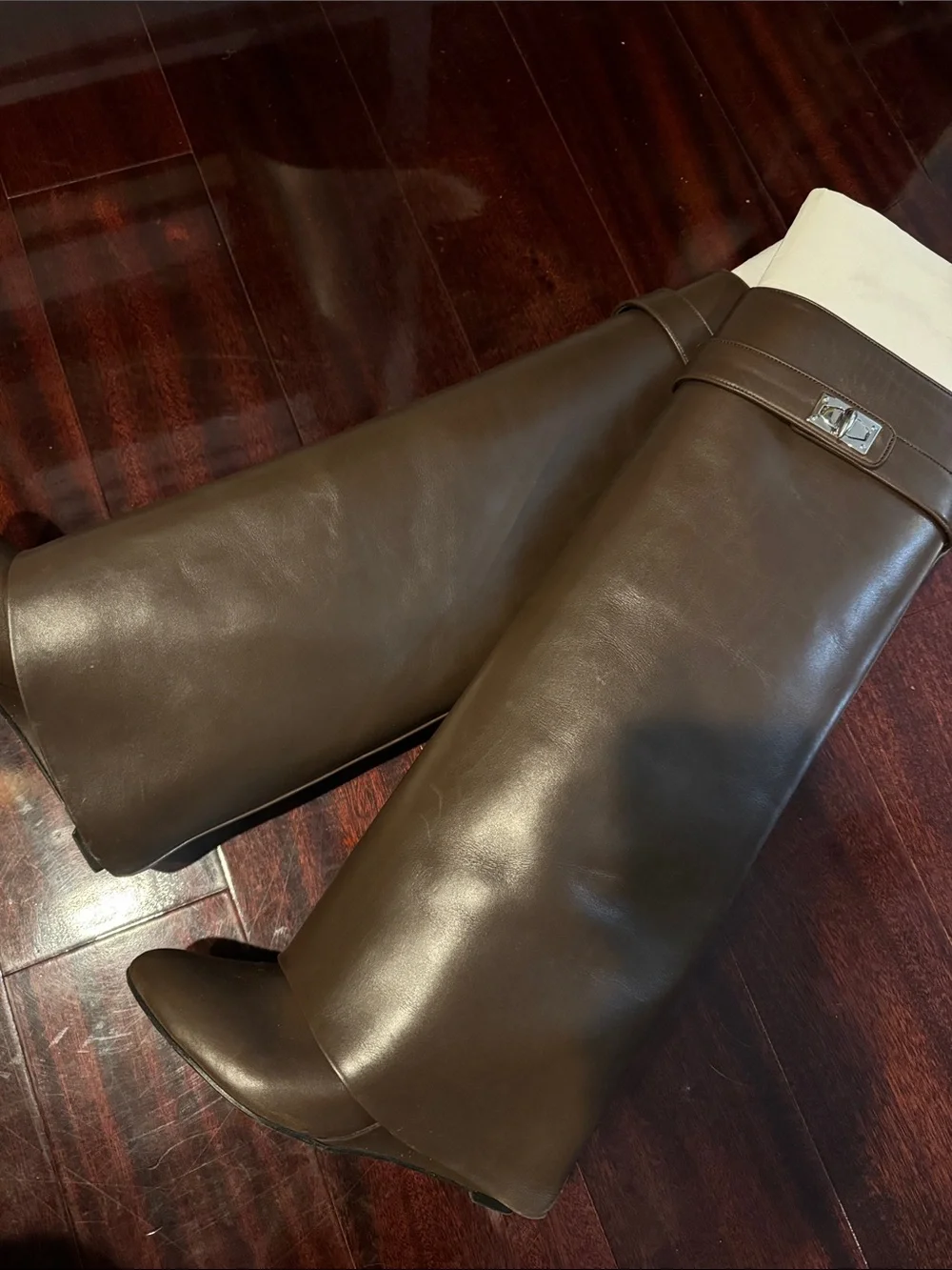 Givenchy Brown Leather Over-the-Knee Boots with Silver Buckle Detail